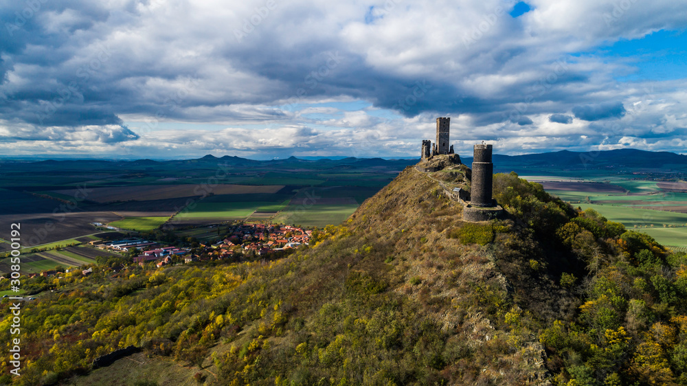 Castle Hazmburk. Ruines of Hazmburk castle on top of mountain peak of Ceske Stredohori range.  Medieval castle with views on czech countryside landscape near village Klapy, Libochovice, Czech Republic