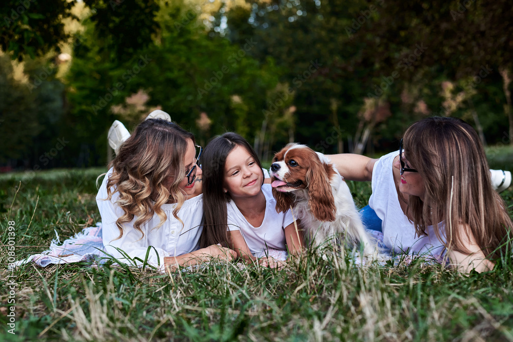 Two young blond women and one brunette girl, wearing white t-shirts, lying on mexican blanket on green grass in park, playing with cavalier king charles spaniel, smiling, laughing. Leisure time.