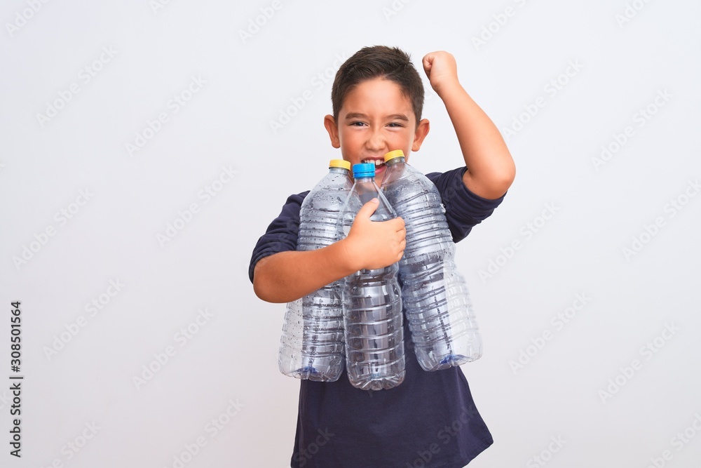 Beautiful kid boy recycling plastic bottles standing over isolated white background annoyed and frustrated shouting with anger, crazy and yelling with raised hand, anger concept Beautiful kid boy recycling plastic bottles standing over isolated white background annoyed and frustrated shouting with anger, crazy and yelling with raised hand, anger concept