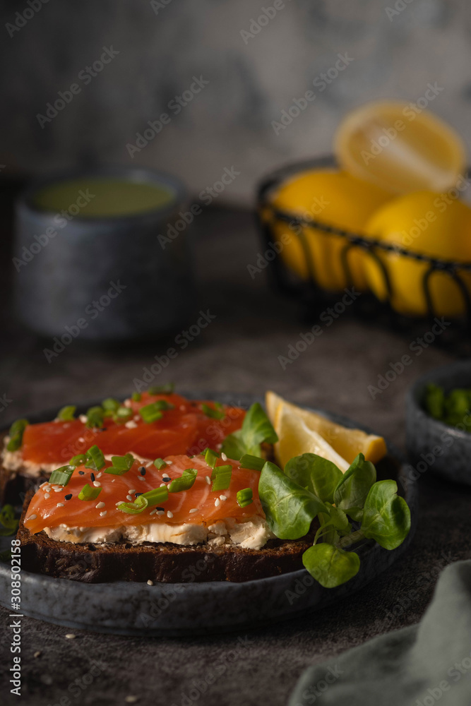 cheese and salmon sandwiches, coffee matcha, breakfast concept