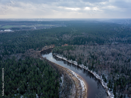 River in winter forest with green trees from above. Aerial drone image of river Gauja in Latvia