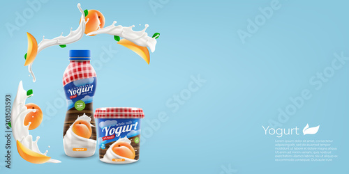 Organic yogurt with apricot berries bottle and jar design, commercial vector advertising mock-up. Beverage product packaging realistic illustration.