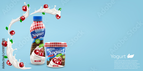 Organic yogurt with cherry berries bottle and jar design, commercial vector advertising mock-up. Beverage product packaging realistic illustration.