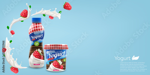 Organic yogurt with raspberry berries bottle and jar design, commercial vector advertising mock-up. Beverage product packaging realistic illustration.