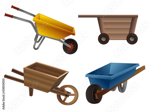 Wheelbarrow icons set. Cartoon set of wheelbarrow vector icons for web design