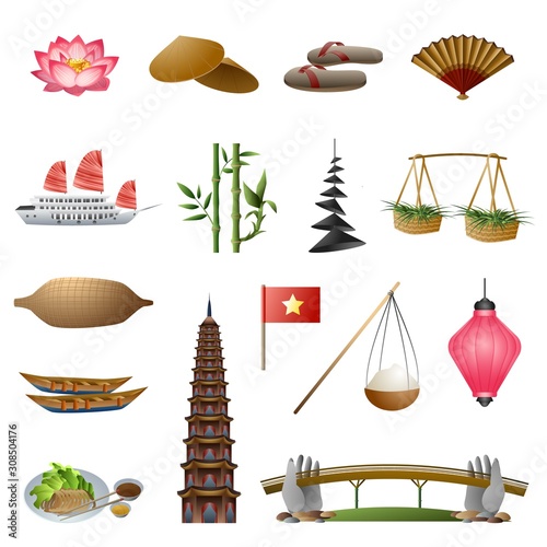 Vietnam icons set. Cartoon set of vietnam vector icons for web design