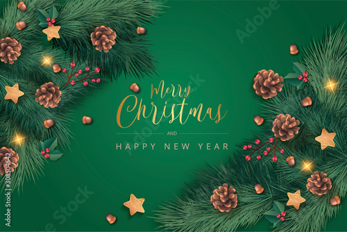 Bannière ou carte de noël et nouvel an - merry christmas and Happy new year branche sapin pomme de pin étoile confettis fond vert