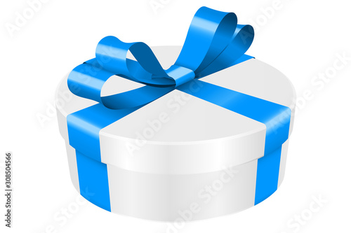 Gift box decorated with shiny blue ribbon. Round box © savanno