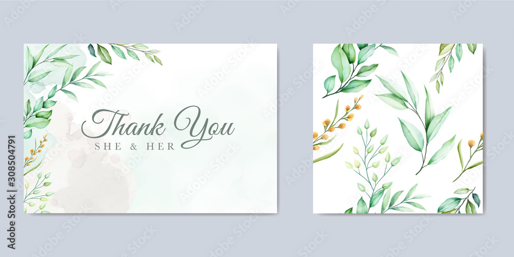 wedding invitation design with green watercolor leaves