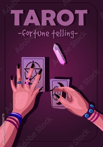 Tarot reading poster with purple violet lighting and text. Fortune telling, witch hands holding two cards in her hands illustration.