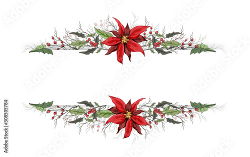 flower frame, banner under the text. winter symbols of winter: Holly and poinsettia. isolated on white background. handmade doodling, in realistic style, for advertising, Wallpaper, postcards