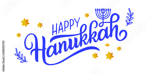 Happy Hanukkah holiday lettering with menorah, isolated on white. Hand drawn vector typographic design with modern calligraphy. Happy Hanukkah logotype, badge and icon typography. EPS 10