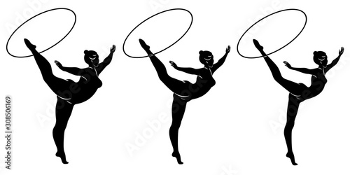 Collection. Silhouette of a cute lady, she is engaged in rhythmic gymnastics with a hoop. The woman is overweight and a slender girl athlete. Vector illustration set