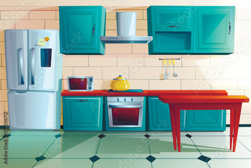 Kitchen interior witn furniture cartoon vector illustration. Home cooking room with wooden dining table, blue kitchen cabinets, fridge with magnet and reminder, oven, microwave, hob and extractor hood