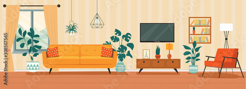 Living room interior. Comfortable sofa, TV, window, chair and house plants. Vector flat style illustration
