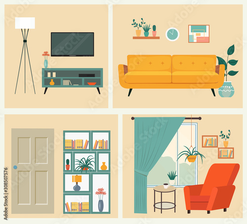 Interior. Living room with sofa, table, lamp, pictures, window, TV. Vector flat style illustration.