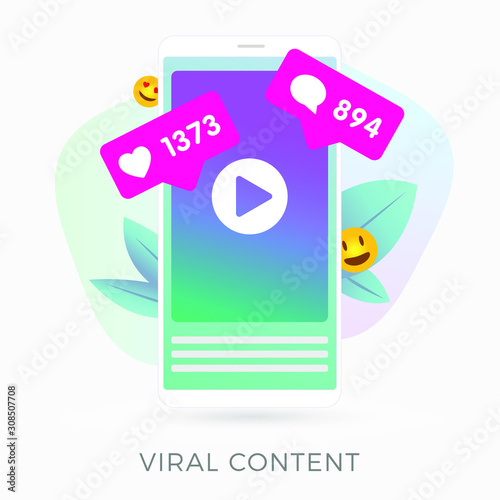 Viral marketing content - vertical video on the smartphone screen that collected hundreds of likes and comments with smiling emoji emoticons. Internet meme creation  mass-shared content concept.