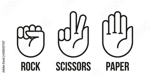 Rock, scissors, paper hand gesture. Vector line icons