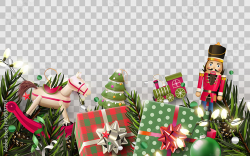 Christmas border with decorations, gift boxes and wooden toys