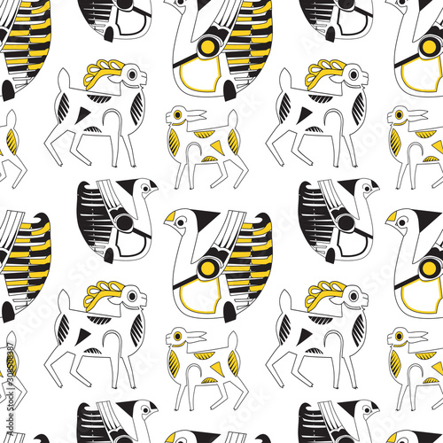 Black-and-white-yellow figures of fantasy animals