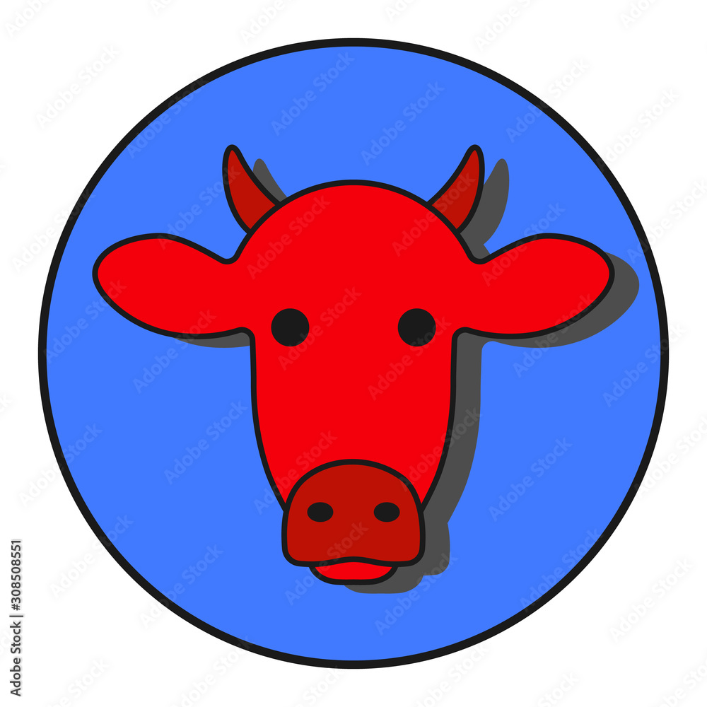Fototapeta premium Red head of a cow is inscribed in a blue circle. Vector illustration