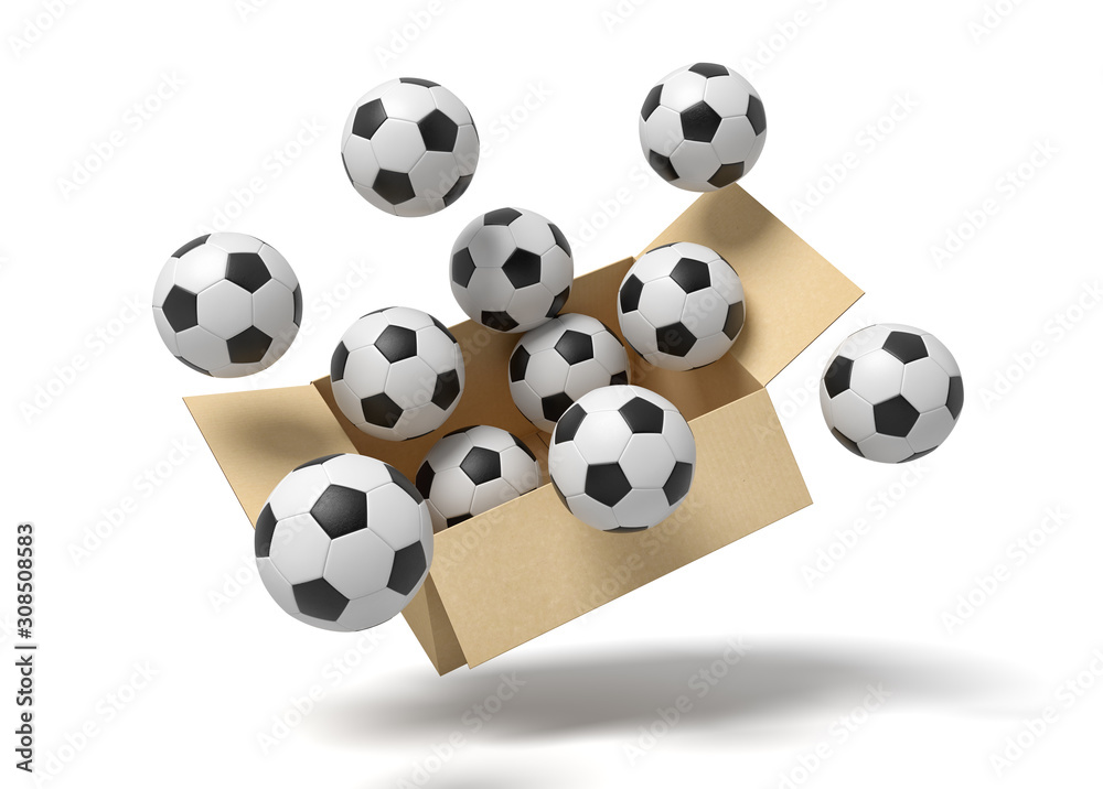 3d rendering of cardboard box full of footballs in mid-air. 3d rendering of cardboard box full of footballs in mid-air.
