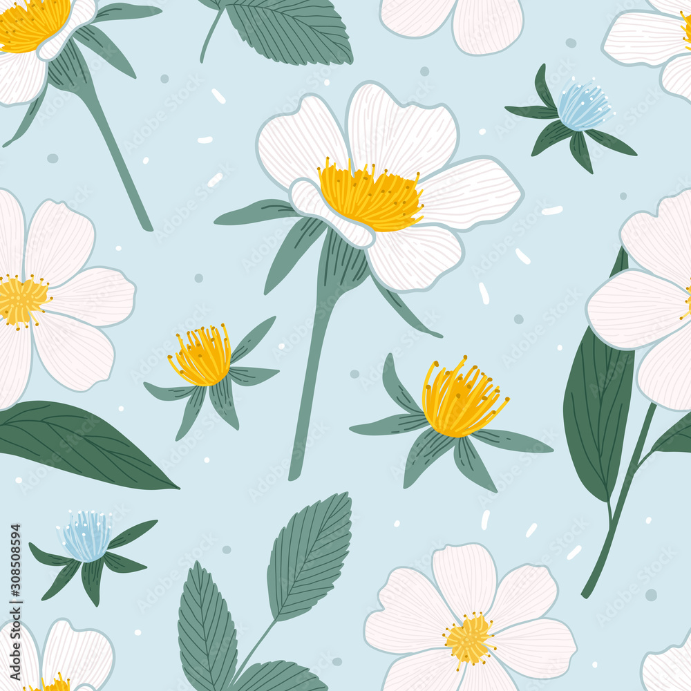 Floral hand drawn seamless pattern for print, textile, fabric. Modern trendy flowers background.