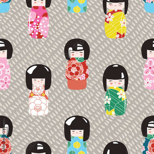 Japanese kokeshi dolls pattern. Seamless background in a colorful graphic style. Vector illustration