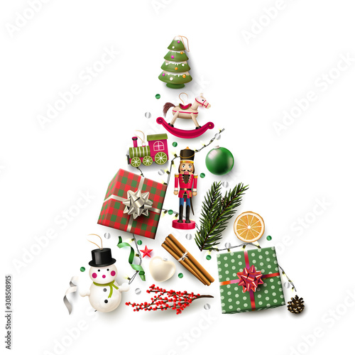 Wooden toys and traditional decorations in the shape of a tree.