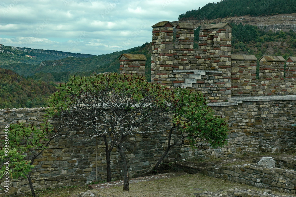 Panorama of a ruins of Tsarevets, medieval stronghold located on a hill with the same name in Veliko Tarnovo, Bulgaria, Europe 