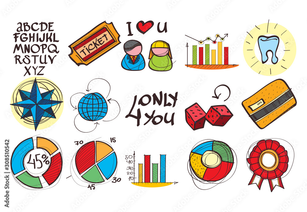 Icons of social themes. Hand drawing style logo