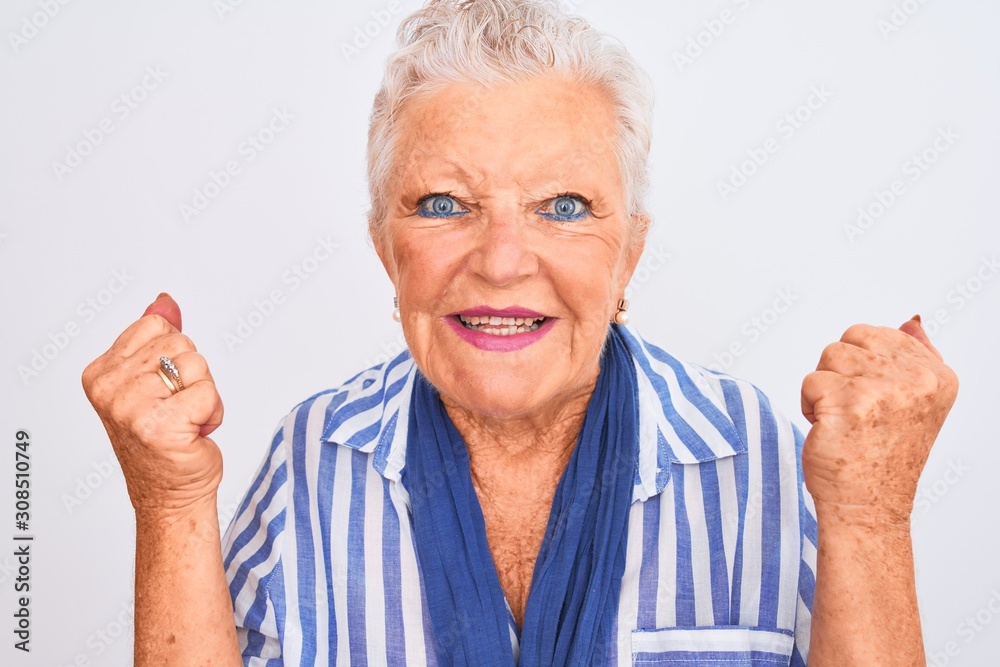 Senior grey-haired woman wearing blue striped shirt standing over isolated white background screaming proud and celebrating victory and success very excited, cheering emotion Senior grey-haired woman wearing blue striped shirt standing over isolated white background screaming proud and celebrating victory and success very excited, cheering emotion
