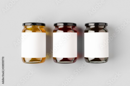 Honey jars mockup with blank label. Three different colors.