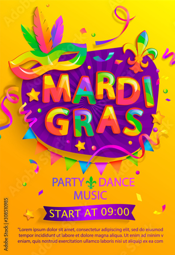 Mardi gras flyer with inviting for carnival party.Traditional Mask with feathers for carnaval,fesival,masquerade,parade.Template for design invitation,banners, poster, placards. Vector illustration.