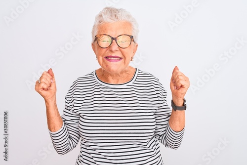 Senior grey-haired woman wearing striped navy t-shirt glasses over isolated white background celebrating mad and crazy for success with arms raised and closed eyes screaming excited. Winner concept