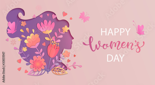 Elegant card for International Women's Day.Banner, flyer for March 8 with papercut woman face silhouette with flowers and wishing happy holiday.Congratulating placard for brochures.Vector illustration