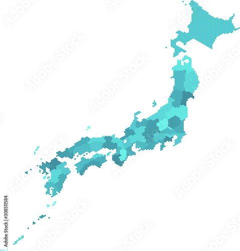 Blue hexagon Japan map on white background. Vector illustration.