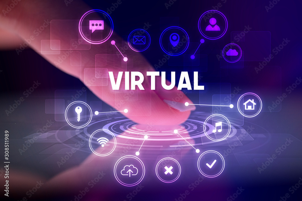 Finger touching tablet with web technology icons and VIRTUAL inscription, web technology concept Finger touching tablet with web technology icons and VIRTUAL inscription, web technology concept