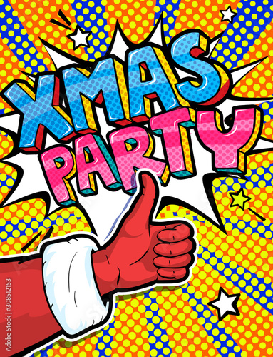 Santa Claus hand in red suit and mitten showing thumb up in pop art style. Sign like and Xmas Sale Message in pop art style