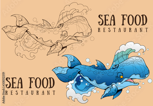 Blue Whale contour and color drawing for design food packaging.
