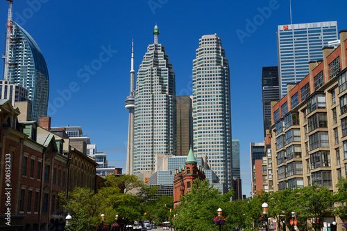 Gooderham Flatiron building with financial district bank towers L tower and CN tower Toronto photo