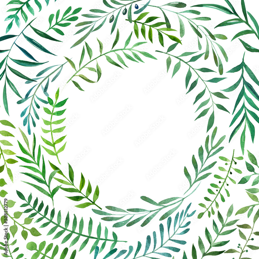 Hand drawn watercolor illustration of botanical branches. Decorative frame border for wedding branding, invitations, greeting card. Isolated on white background. 