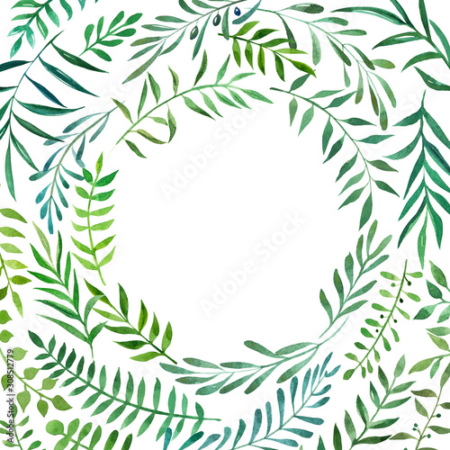 Hand drawn watercolor illustration of botanical branches. Decorative frame border for wedding branding  invitations  greeting card. Isolated on white background. 