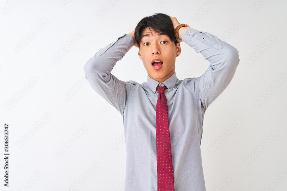 Chinese businessman wearing elegant tie standing over isolated white background Crazy and scared with hands on head, afraid and surprised of shock with open mouth Chinese businessman wearing elegant tie standing over isolated white background Crazy and scared with hands on head, afraid and surprised of shock with open mouth