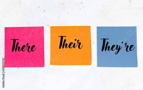 Grammar of there, their, they're on three sticky notes photo