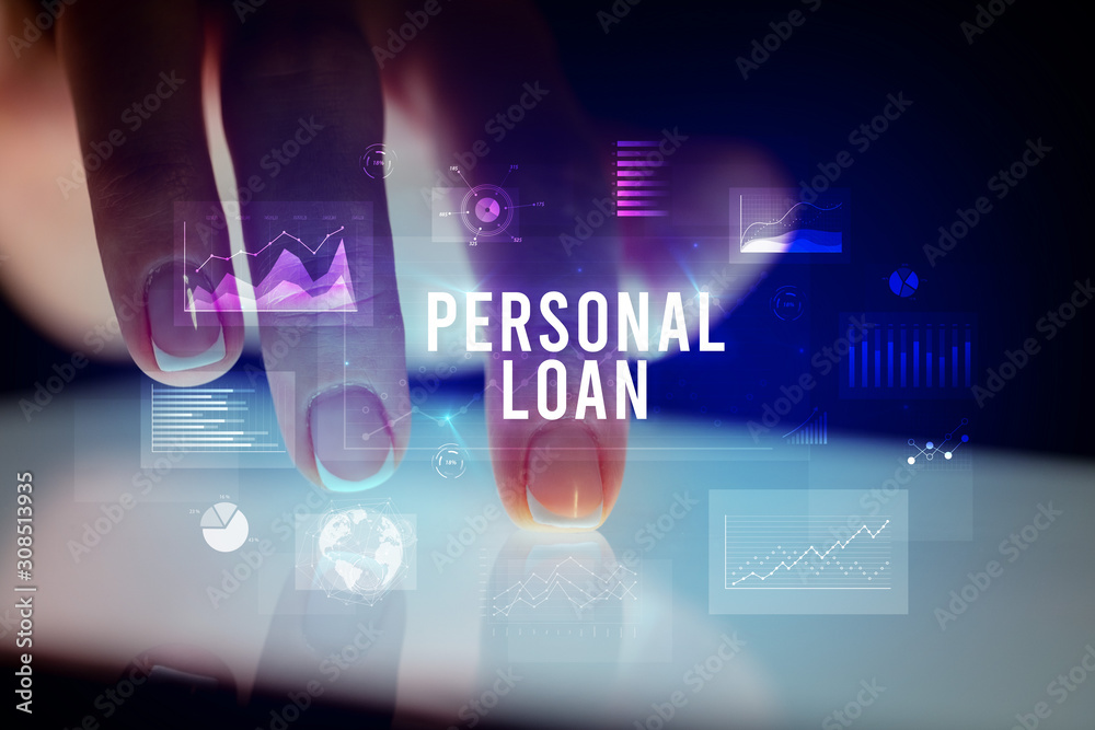 Finger touching tablet with charts and PERSONAL LOAN inscription, business concept Finger touching tablet with charts and PERSONAL LOAN inscription, business concept