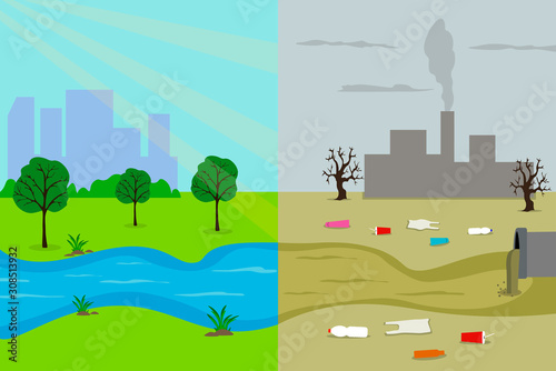 Ecology cartoon comparative concept of a clean planet and polluted due to industrial pollution. Vector illustration.