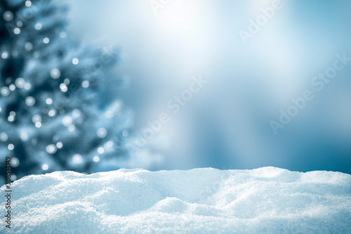 Winter background of snow and blue landscape.Free space for your decoration and december day. 