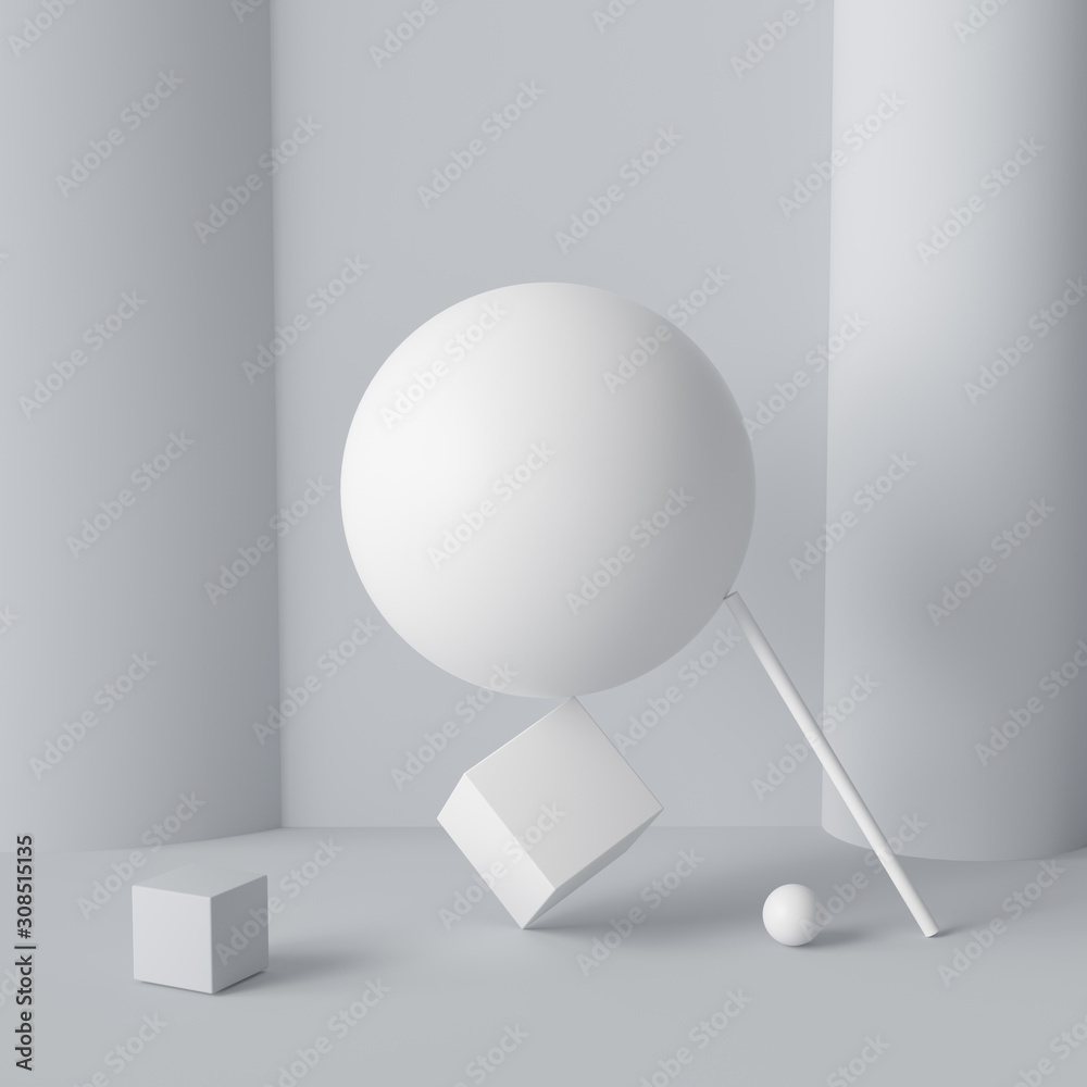 Impossible happen geometric shapes abstract white composition background. Balance. 3d rendering