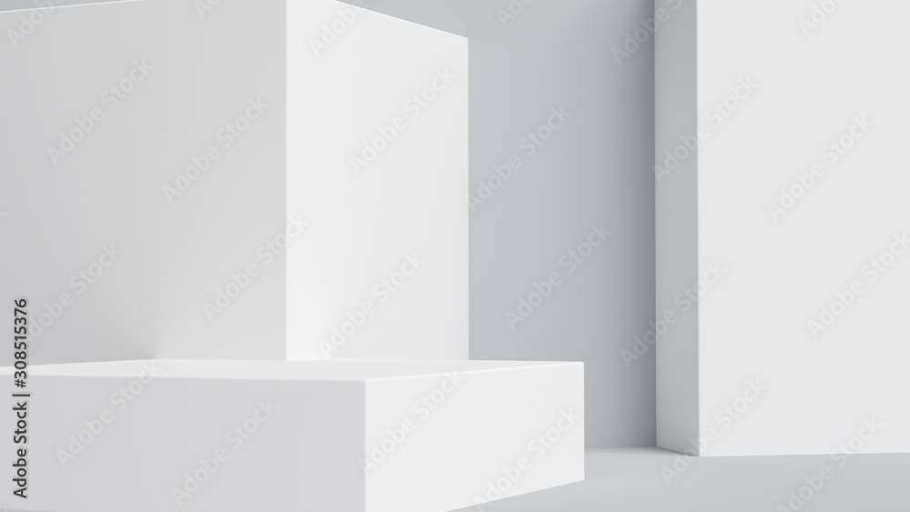 Product setting podium white abstract minimalistic geometry, minimal light interior, object placement, abstract gray background room, 3d rendering,